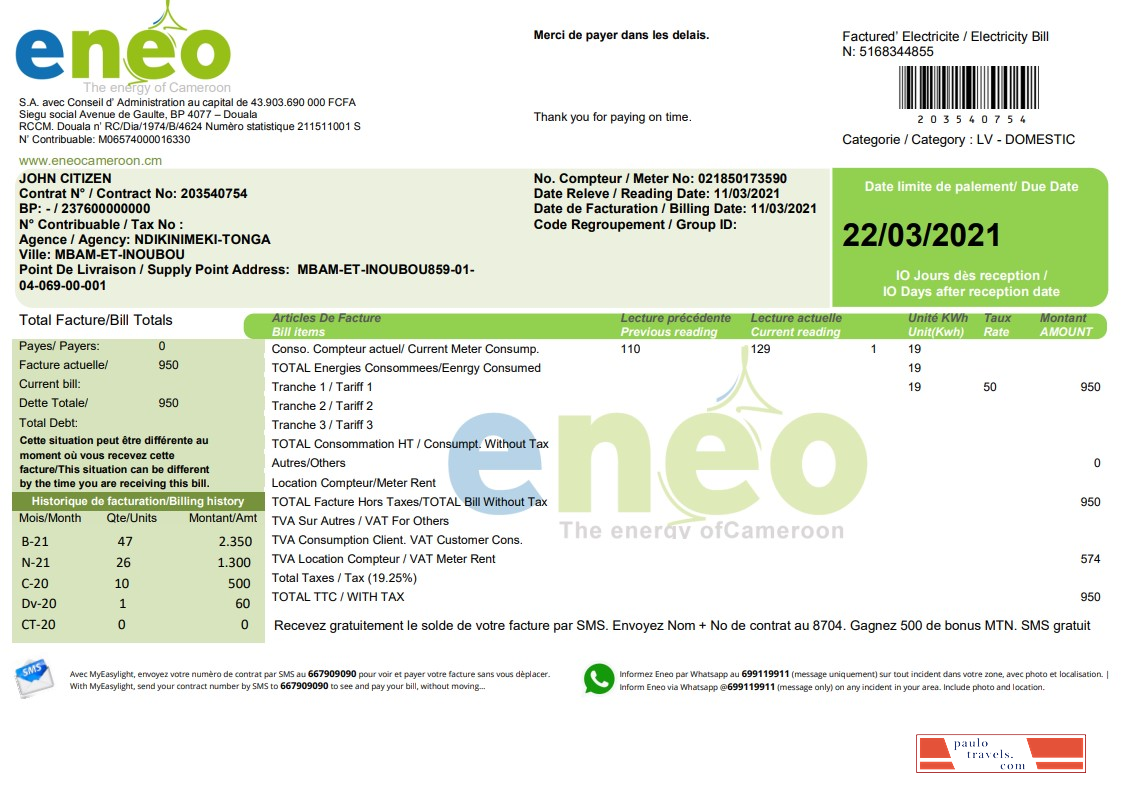 Cameroon ENEO electricity utility bill template in Word and PDF format (current version)